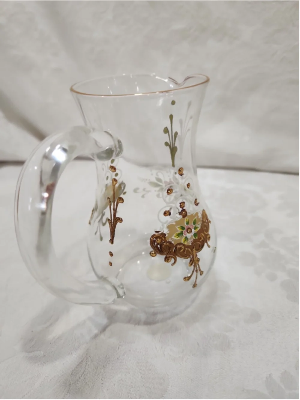 Vintage Murano Glass Small Pitcher 24K Gold Venetian Tre Fuochi Enamel Floral 5